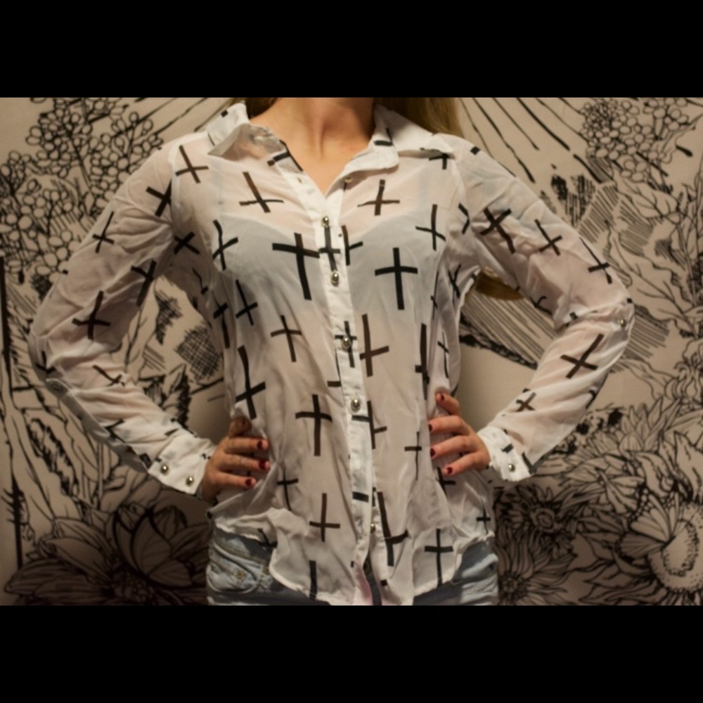 Sheer Cross Print Button Down